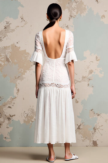 Ivory Lace A Line Long Summer Dress with Sleeves